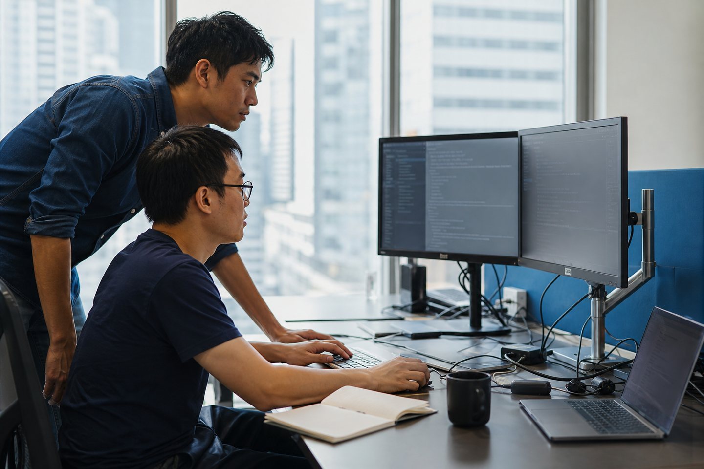 Engineers reviewing application components and release checks