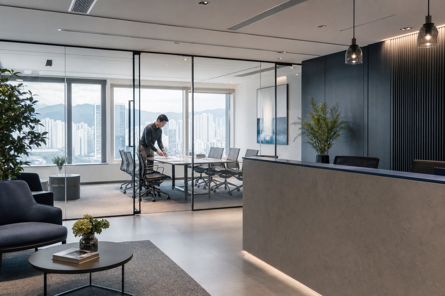 Reception and meeting area in a professional Quarry Bay office