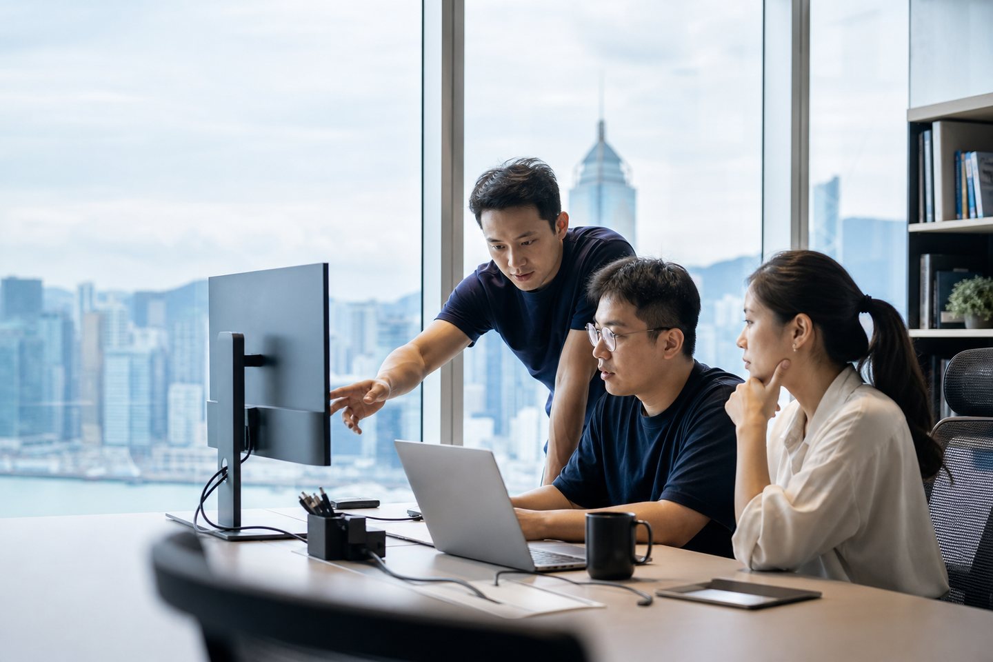 Technology team reviewing a product workflow in a bright Hong Kong office