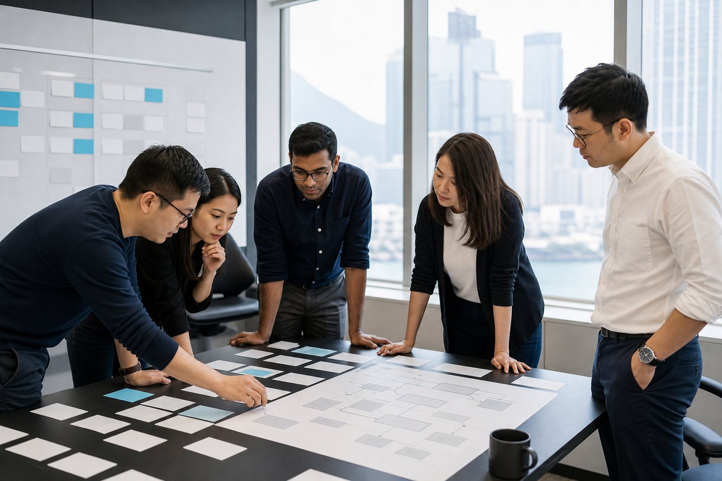 Team arranging delivery stages and decision notes on a project board